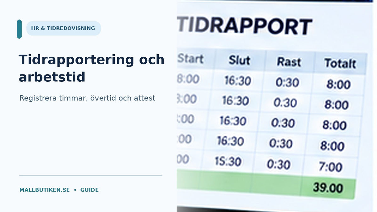 Digital tidrapport med arbetade timmar, rast och arbetstid i en strukturerad tabell