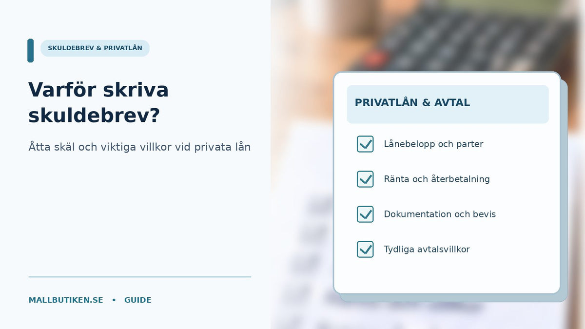 Skuldebrev för privatlån med lånebelopp, återbetalningsplan och skriftliga lånevillkor