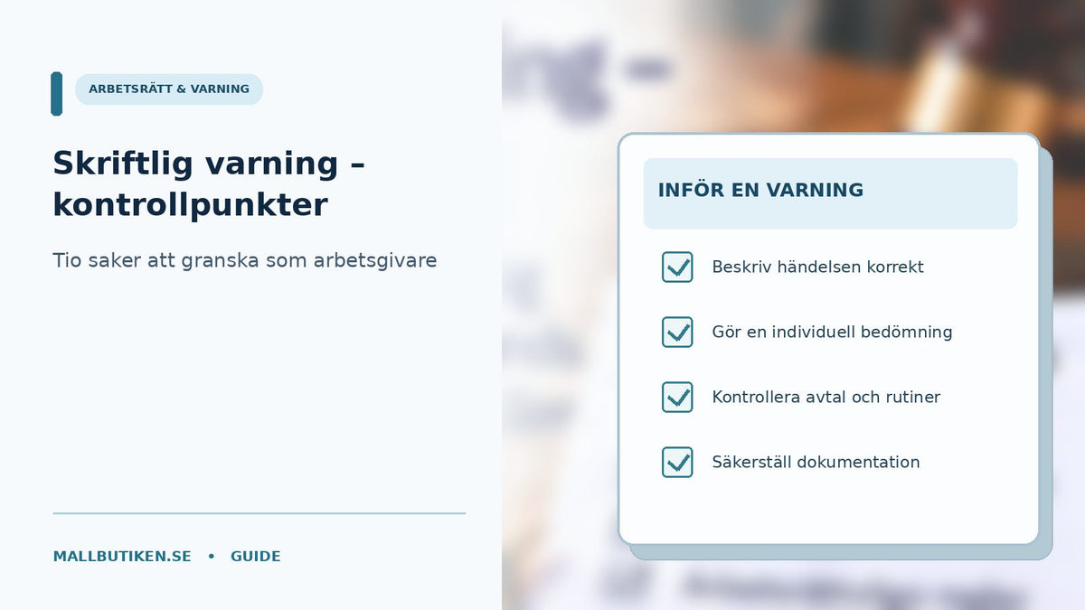Skriftlig varning till anställd med checklista för arbetsgivare inför dokumentation och uppföljning