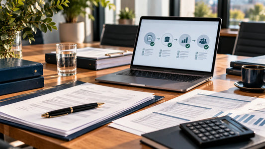 Kontorsbord med beslutsunderlag och digital checklista för nyemission, aktieteckning, bankintyg och registrering av aktiekapital.