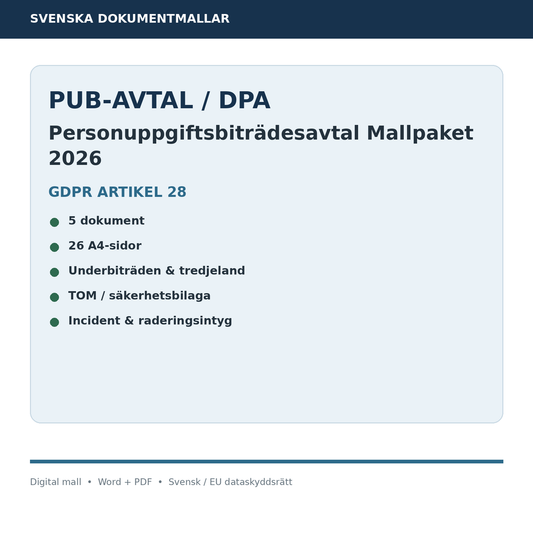 Mallbutikens PUB-avtal med behandlingsinstruktion och säkerhetsbilagor
