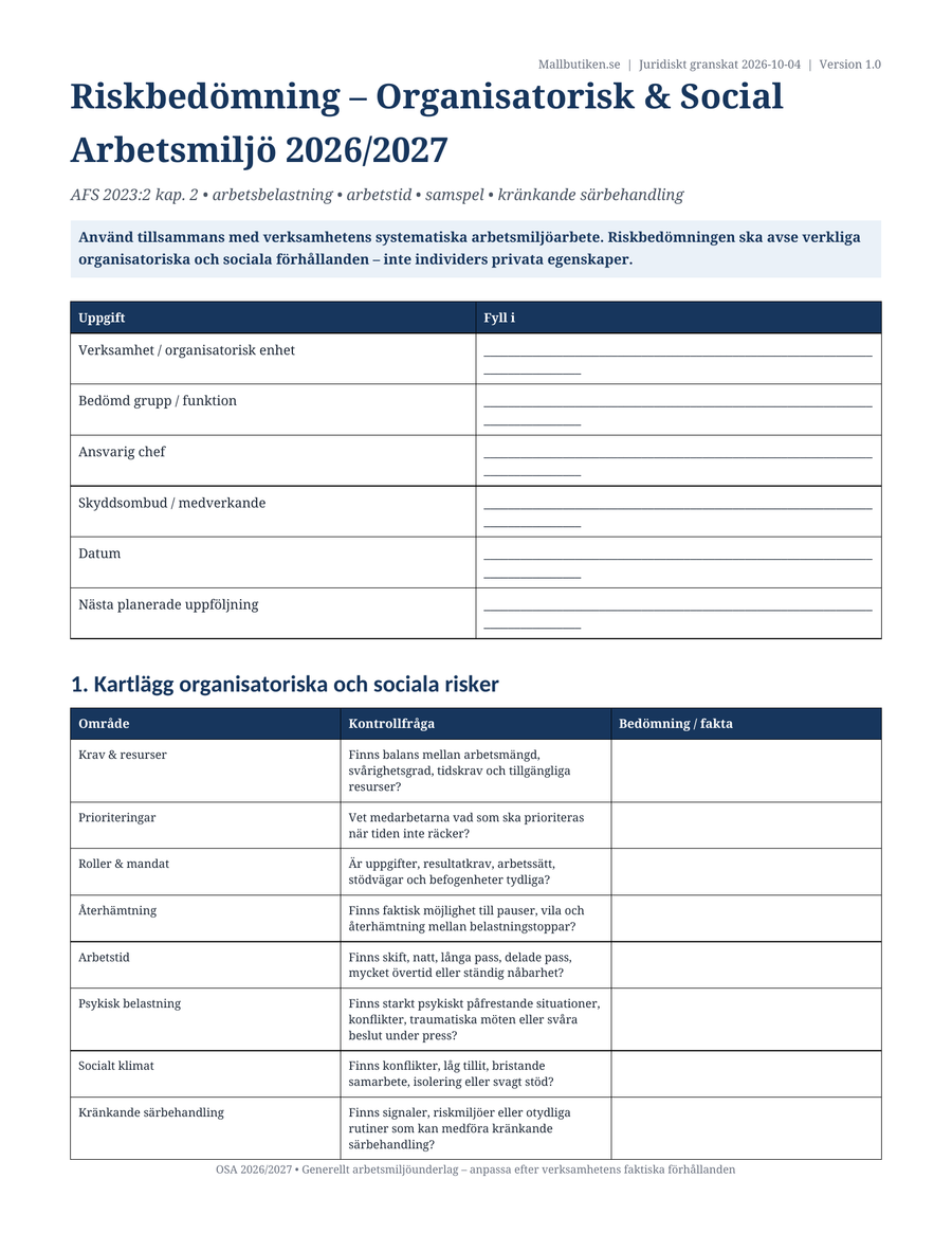 OSA 2026 – organisatorisk och social arbetsmiljö enligt AFS 2023:2