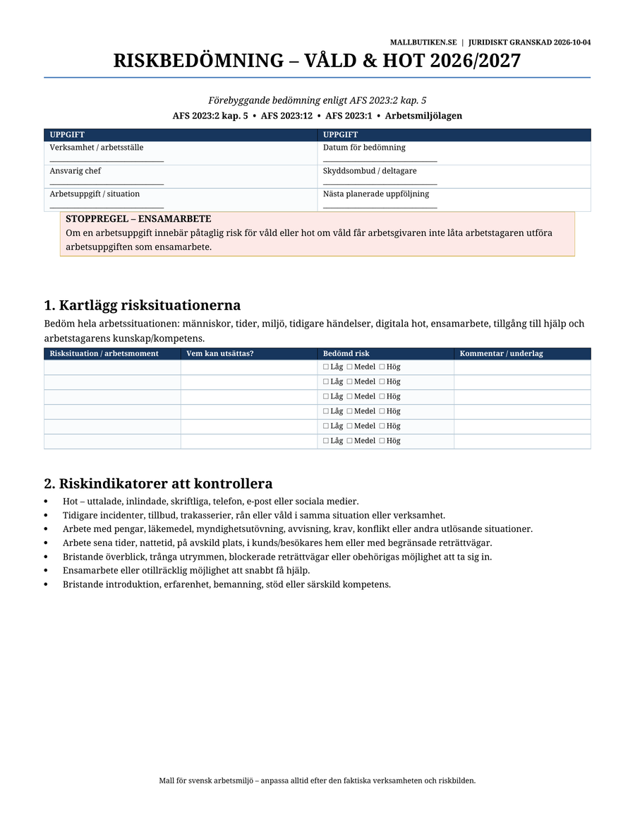Våld och hot i arbetsmiljön – riskbedömning, larm och säkerhetsrutiner