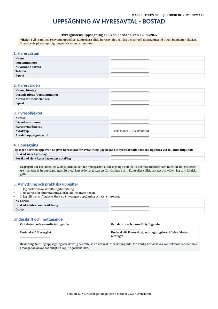 Uppsägning av hyresavtal 2026 – uppsägningstid och formkrav