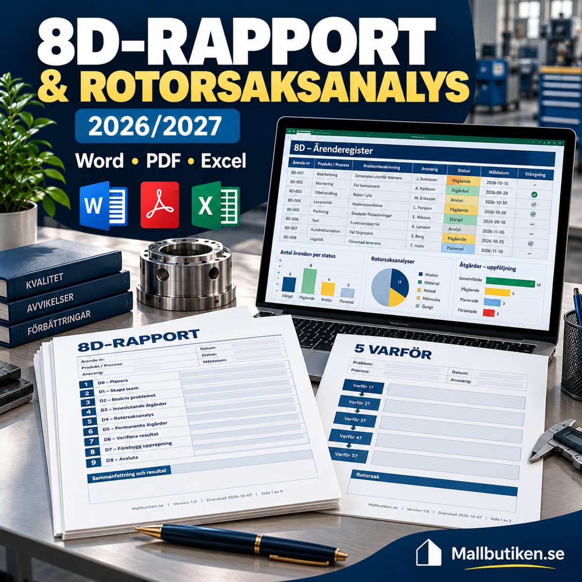 8D rapport rotorsaksanalys 2026 2027 Word PDF Excel kvalitetspaket