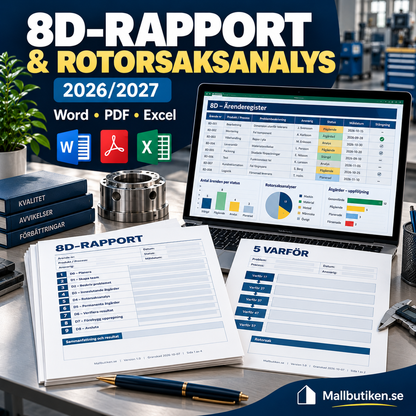 8D rapport rotorsaksanalys 2026 2027 Word PDF Excel kvalitetspaket