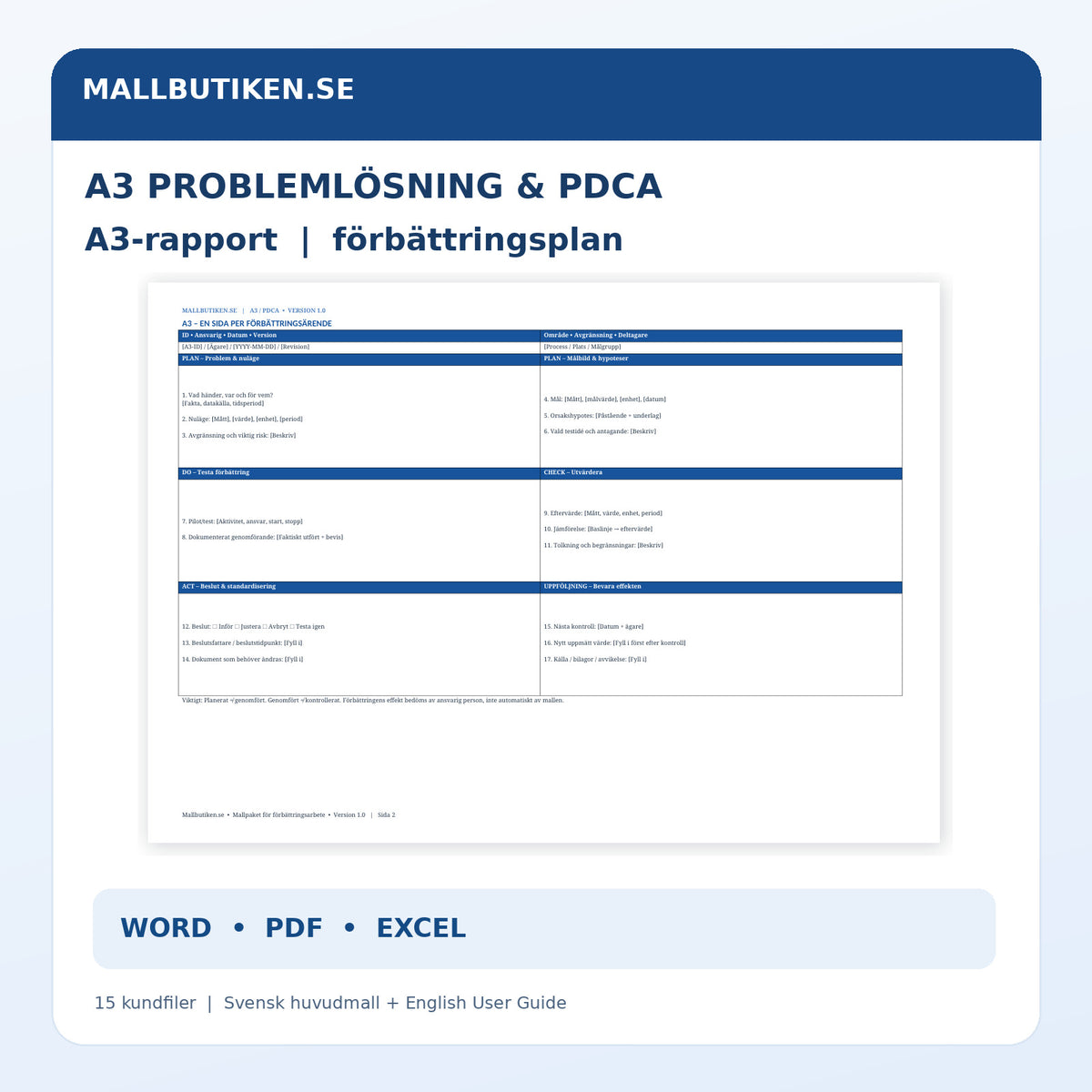 A3 Problemlösning och PDCA, svensk A3-rapport med Word, PDF och Excel
