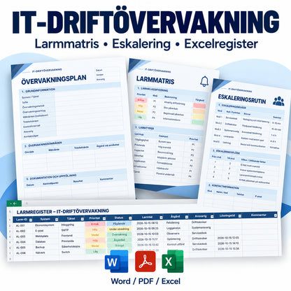 IT-driftövervakning och larmhantering med larmmatris, eskalering och Excelregister, Word/PDF/Excel