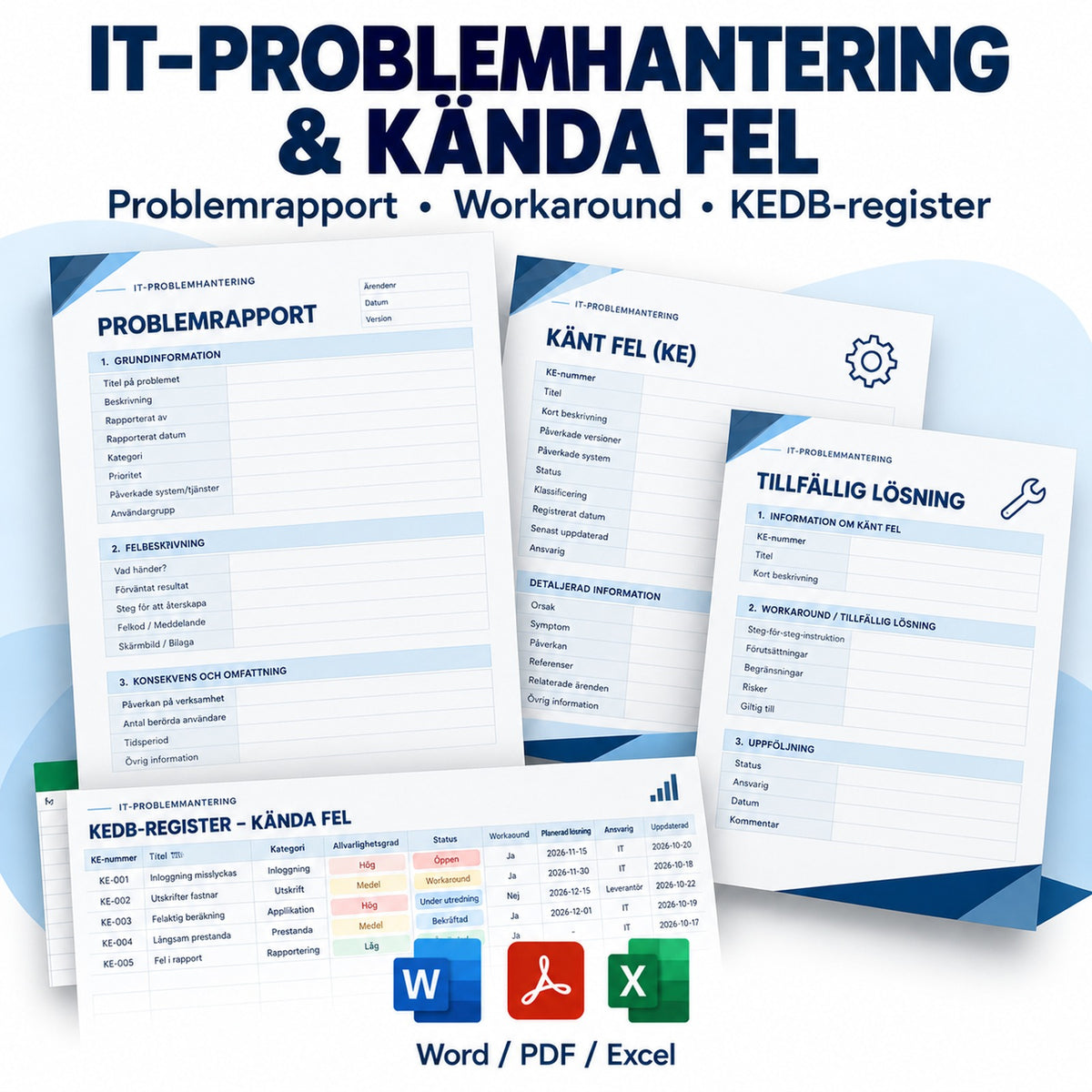 IT-problemhantering och kända fel – KEDB, problemrapport och tillfällig lösning Word/PDF/Excel