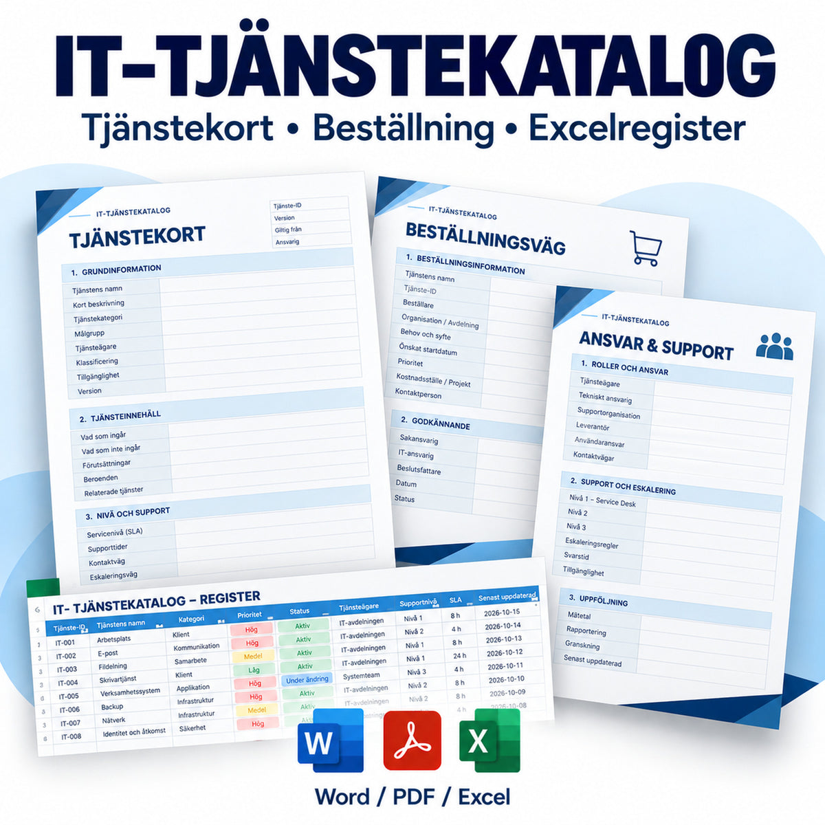 IT-tjänstekatalog och tjänstebeskrivning i Word, PDF och Excel – professionellt mallpaket