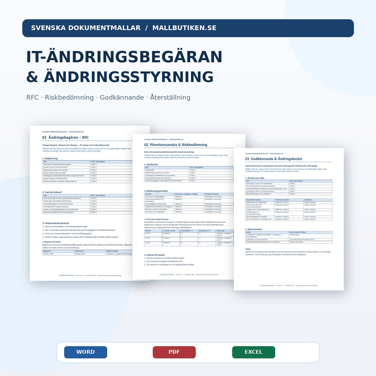 IT-ändringsbegäran och ändringsstyrning, RFC, Word PDF Excel, svensk dokumentmall