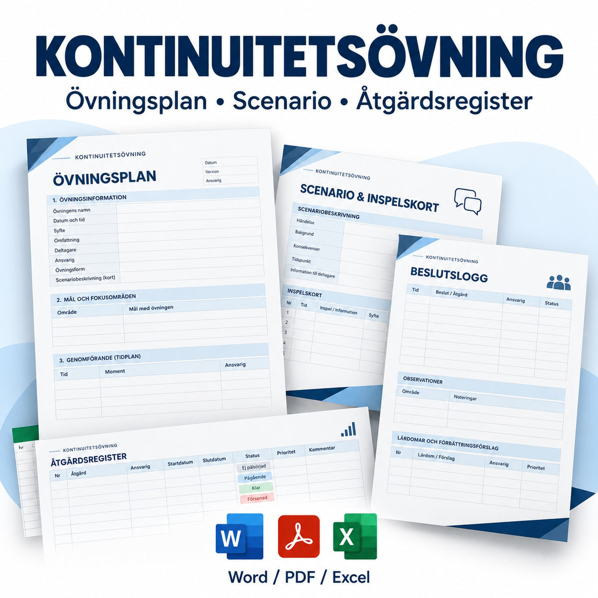 Kontinuitetsövning och krisövningsprotokoll – Word PDF Excel, övningsplan och åtgärdsregister