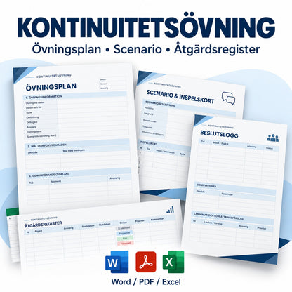 Kontinuitetsövning och krisövningsprotokoll – Word PDF Excel, övningsplan och åtgärdsregister