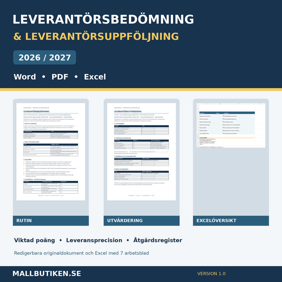 Leverantörsbedömning och leverantörsuppföljning 2026 2027 Word PDF Excel originaldokument