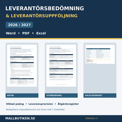 Leverantörsbedömning och leverantörsuppföljning 2026 2027 Word PDF Excel originaldokument
