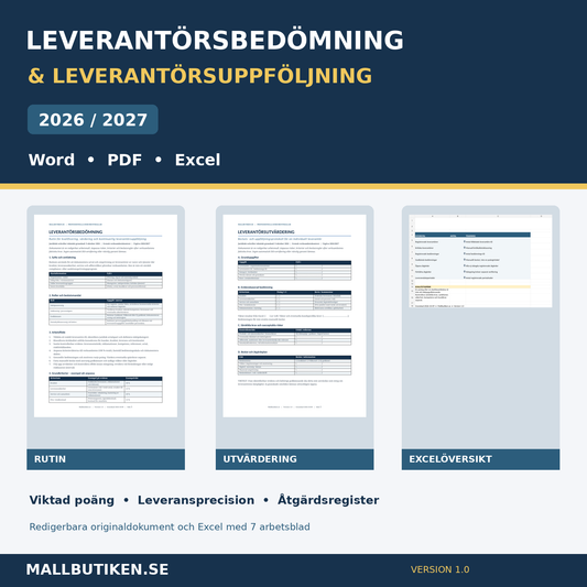 Leverantörsbedömning och leverantörsuppföljning 2026 2027 Word PDF Excel originaldokument