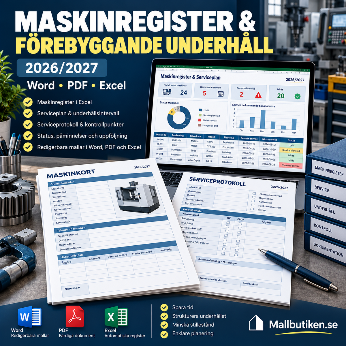 Maskinregister förebyggande underhåll 2026 2027 Word PDF Excel dokumentpaket