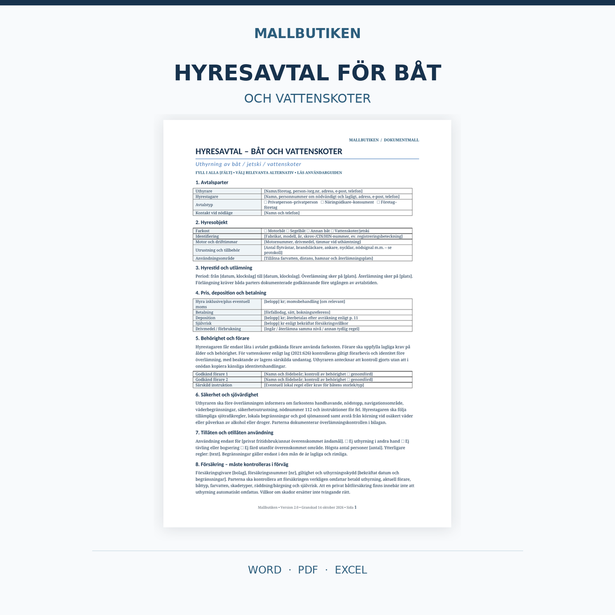 Hyresavtal för båt och vattenskoter – Word, PDF och Excel