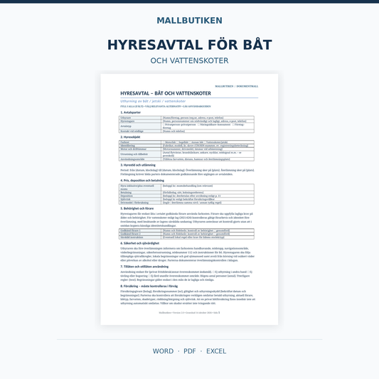 Hyresavtal för båt och vattenskoter – Word, PDF och Excel