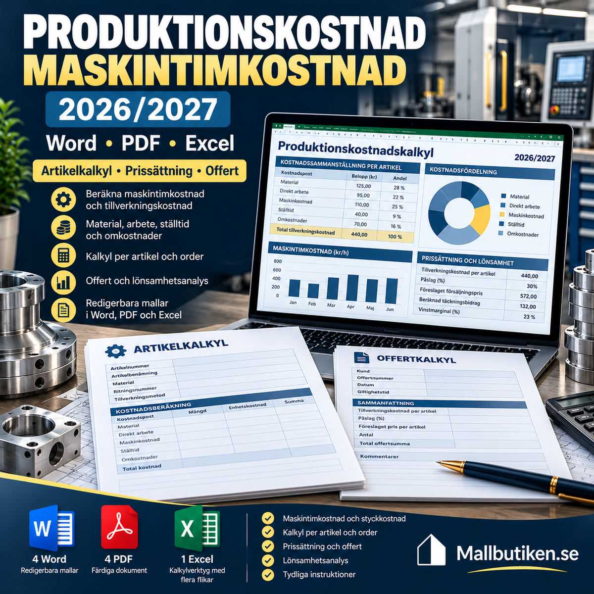 Produktionskostnad och maskintimkostnad 2026/2027 mall Excel Word PDF
