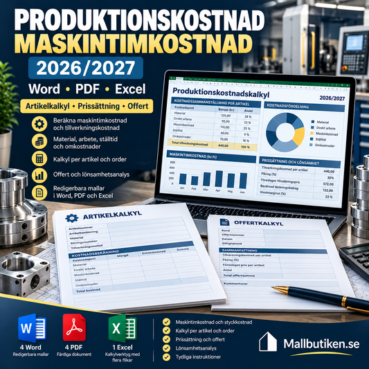 Produktionskostnad och maskintimkostnad 2026/2027 mall Excel Word PDF