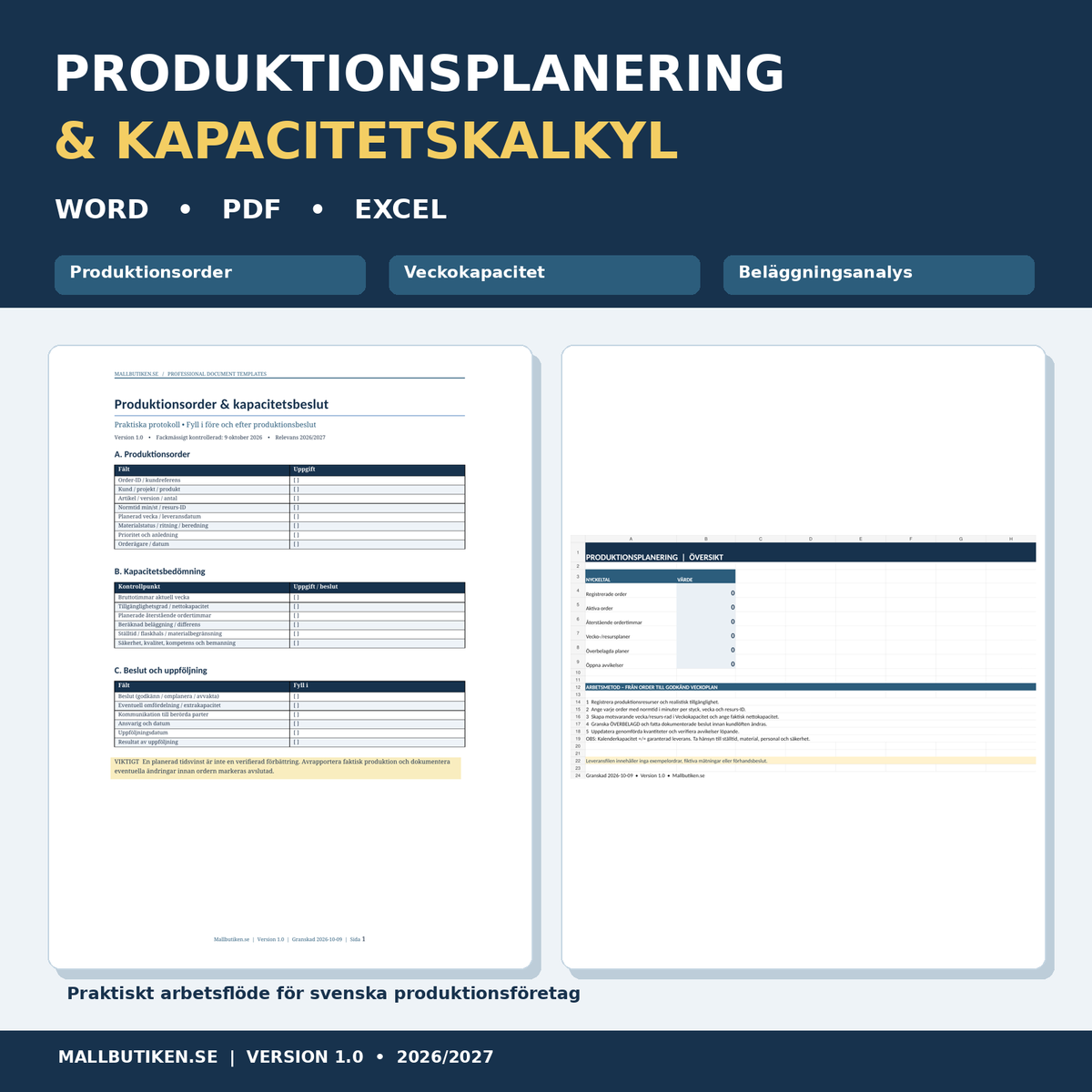 Produktionsplanering kapacitetskalkyl 2026 2027 med Word PDF Excel dokumentmallar