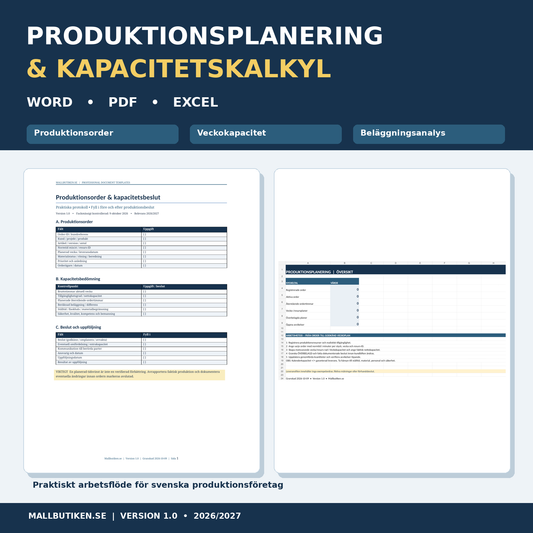 Produktionsplanering kapacitetskalkyl 2026 2027 med Word PDF Excel dokumentmallar