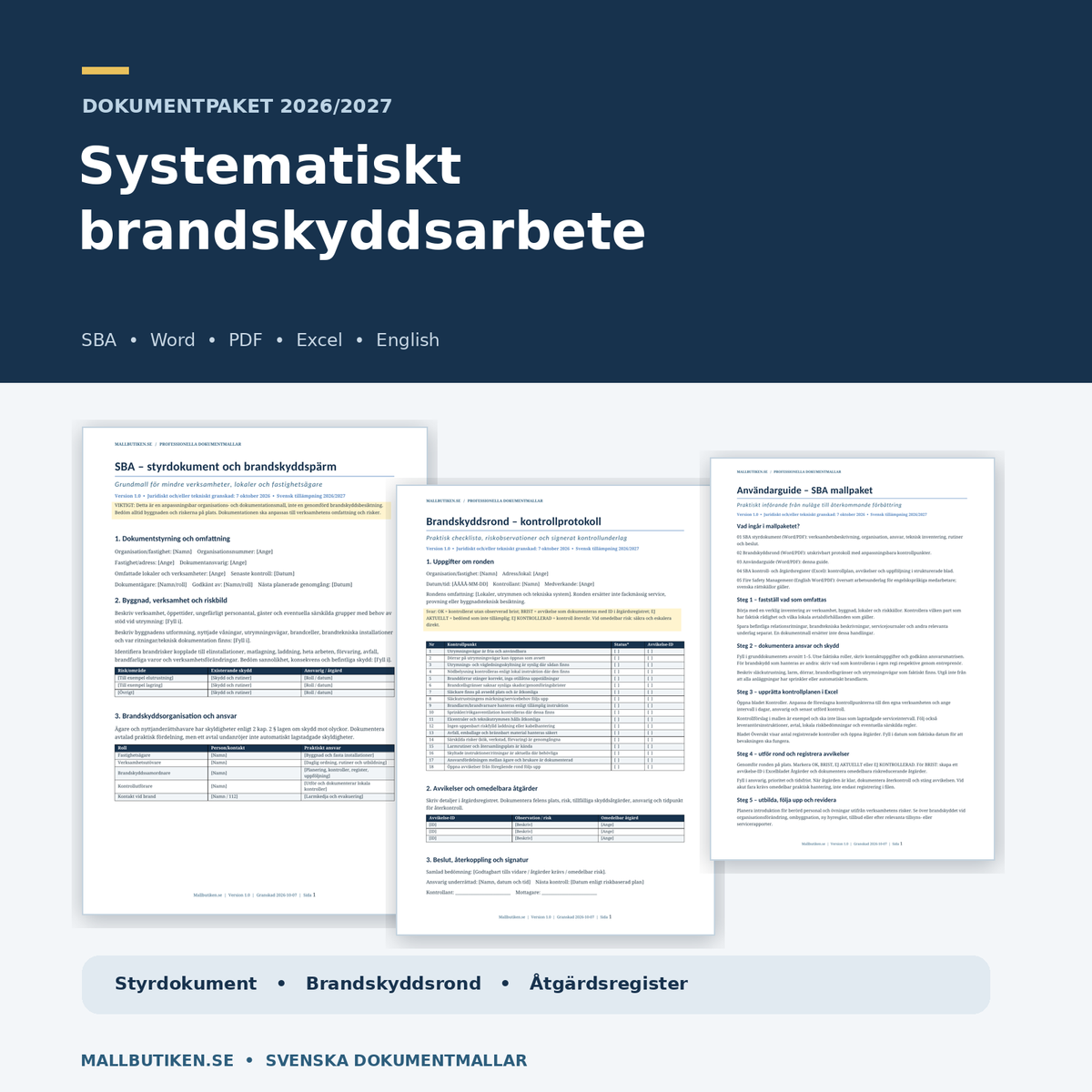 Systematiskt brandskyddsarbete SBA 2026/2027 komplett dokumentpaket Word PDF Excel