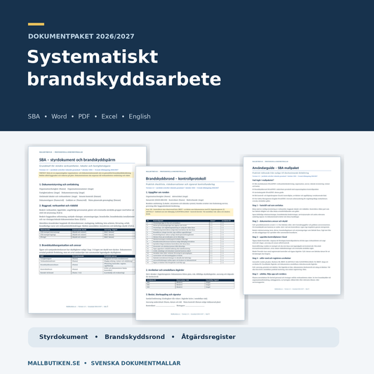 Systematiskt brandskyddsarbete SBA 2026/2027 komplett dokumentpaket Word PDF Excel
