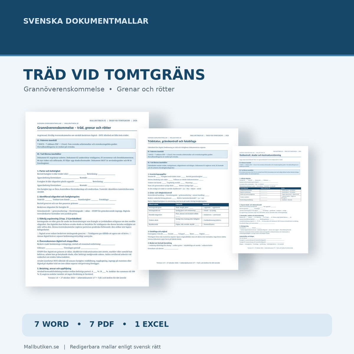 Trädgrenar och rötter vid tomtgräns – paket med Word PDF Excel och grannöverenskommelse