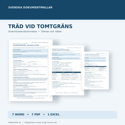 Trädgrenar och rötter vid tomtgräns – paket med Word PDF Excel och grannöverenskommelse