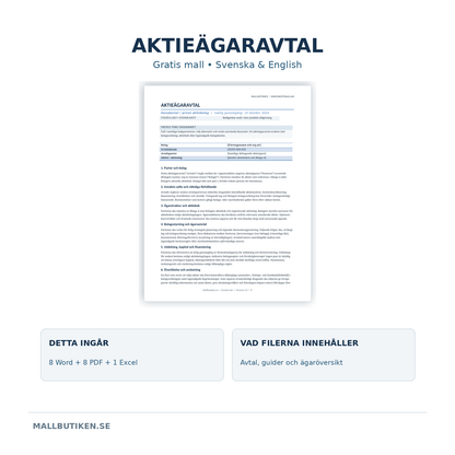 Aktieägaravtal gratis – Word, PDF och Excel på svenska och engelska, paketöversikt