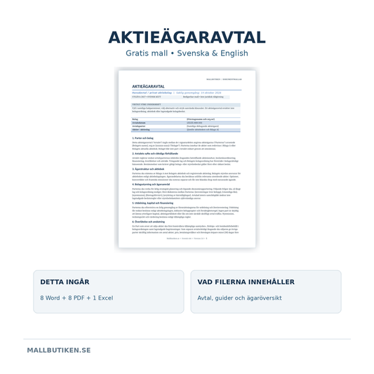 Aktieägaravtal gratis – Word, PDF och Excel på svenska och engelska, paketöversikt