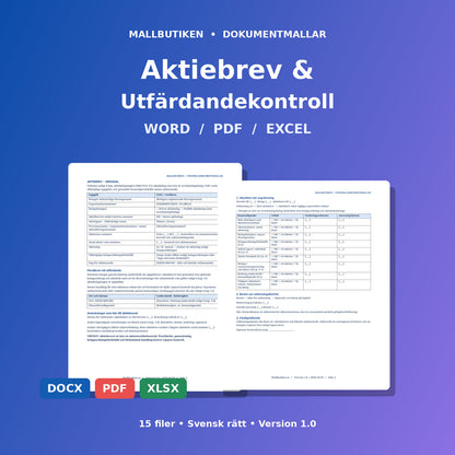 Aktiebrev och utfärdandekontroll med dokumentmallar i Word och PDF samt Excelregister