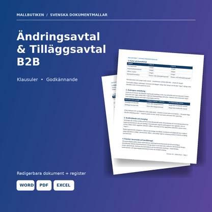 Ändringsavtal och tilläggsavtal B2B med verklig Wordmall samt Word PDF Excel