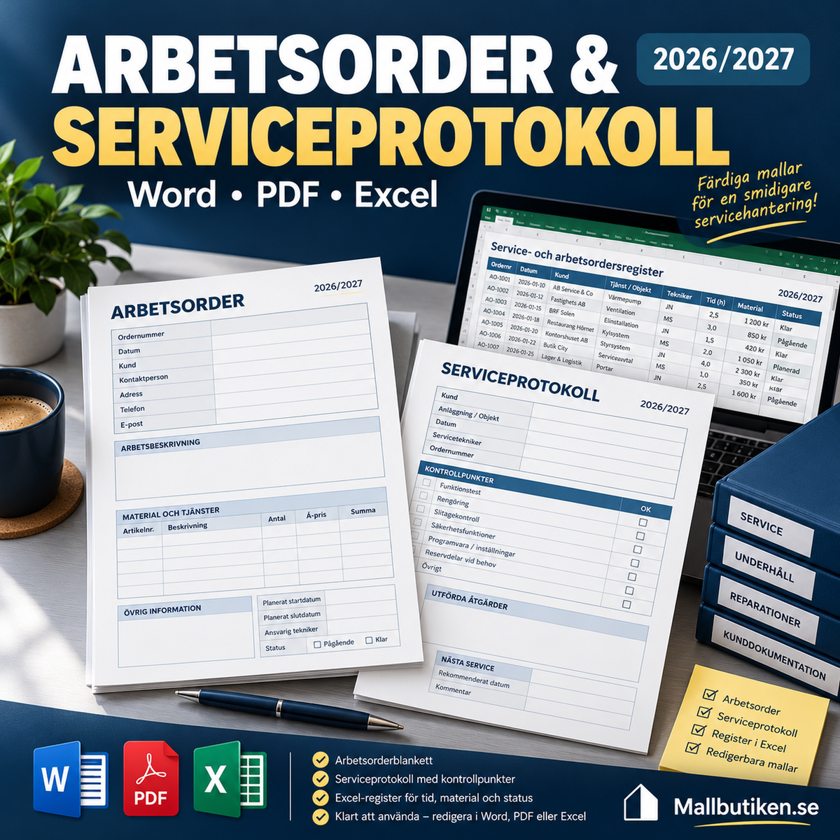 Arbetsorder och serviceprotokoll 2026 2027 Word PDF Excel digitala mallar