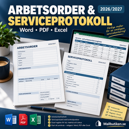 Arbetsorder och serviceprotokoll 2026 2027 Word PDF Excel digitala mallar