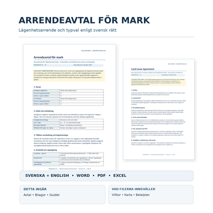 Arrendeavtal för mark – komplett dokumentpaket med Word, PDF, Excel och engelska versioner