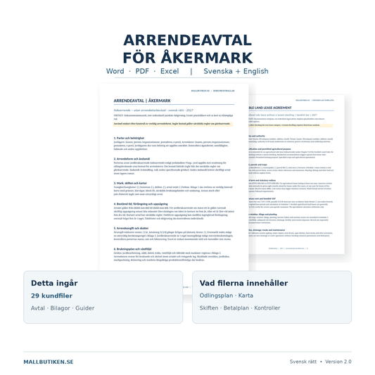 Arrendeavtal för åkermark med 29 filer Word PDF Excel, svensk och engelsk dokumentmall