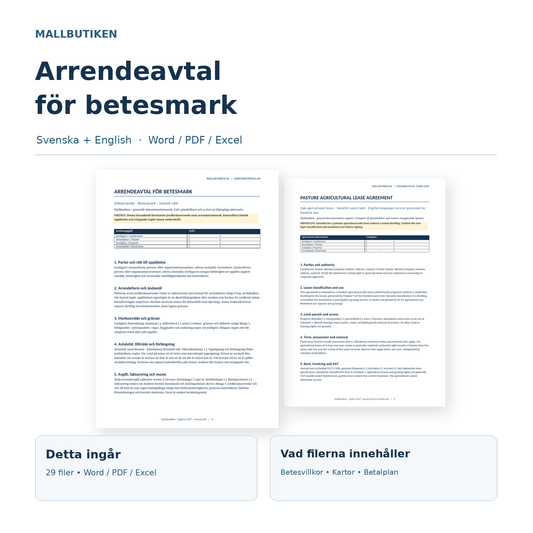 Arrendeavtal betesmark – 29 filer på svenska och engelska, Word PDF Excel och guider