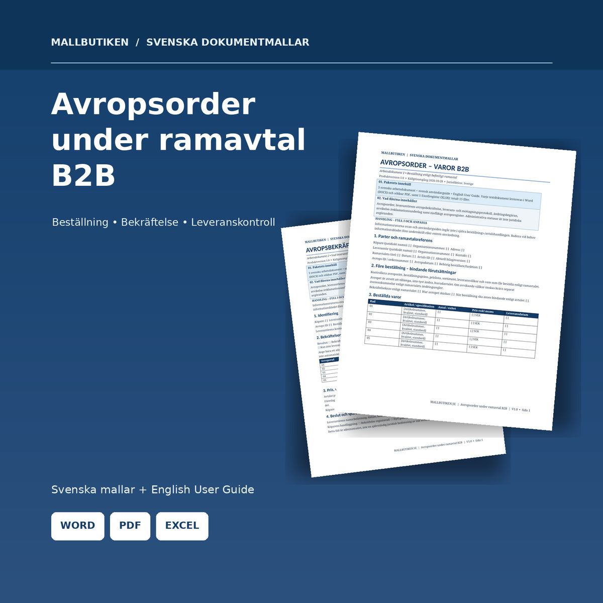 Avropsorder under ramavtal B2B i Word PDF och Excel med autentisk förhandsvisning av mallarna