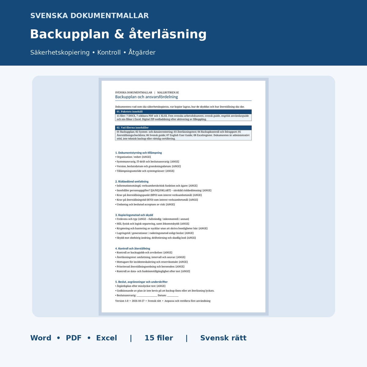 Backupplan Word PDF Excel – verklig svensk dokumentmall med två inramade informationsrutor