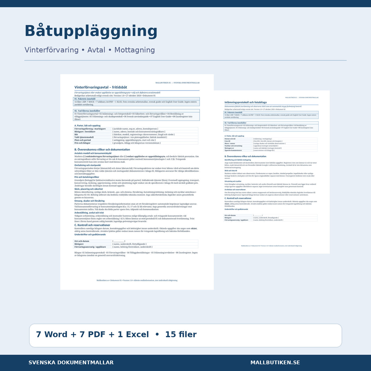 Båtuppläggning och vinterförvaringsavtal för fritidsbåt – 15 filer i Word, PDF och Excel