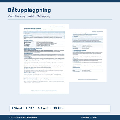 Båtuppläggning och vinterförvaringsavtal för fritidsbåt – 15 filer i Word, PDF och Excel