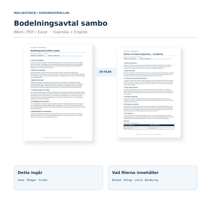 Bodelningsavtal för sambor – 29 filer Word PDF och Excel svenska engelska, bilagor och guider