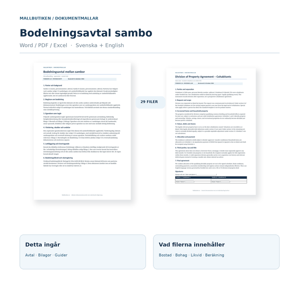 Bodelningsavtal för sambor – 29 filer Word PDF och Excel svenska engelska, bilagor och guider
