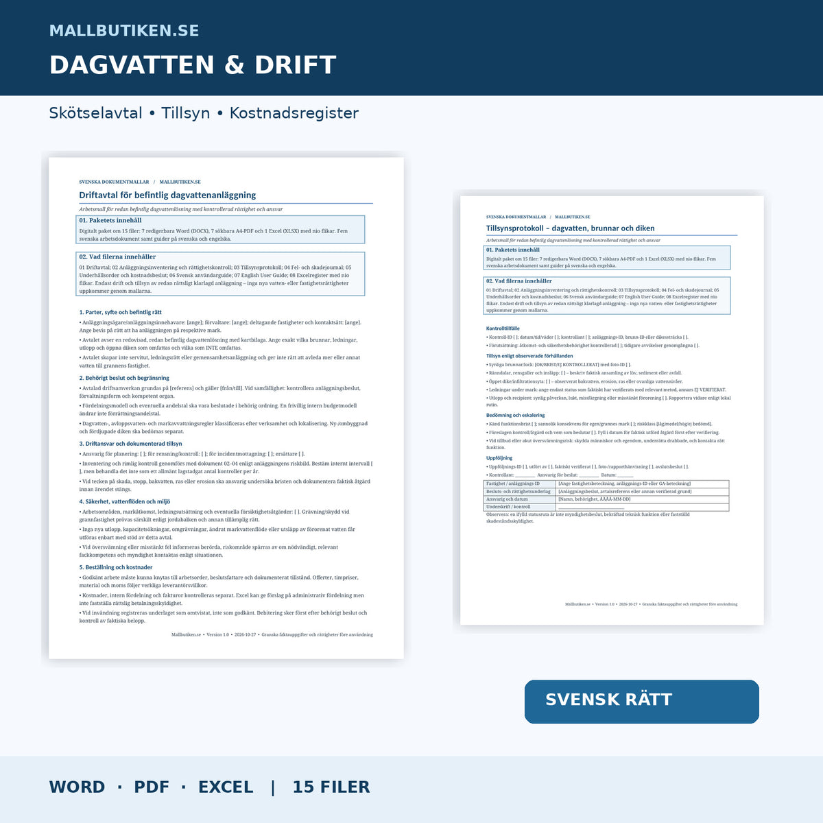Dagvattenanläggning driftavtal tillsyn Word PDF Excel med verkliga dokumentförhandsvisningar