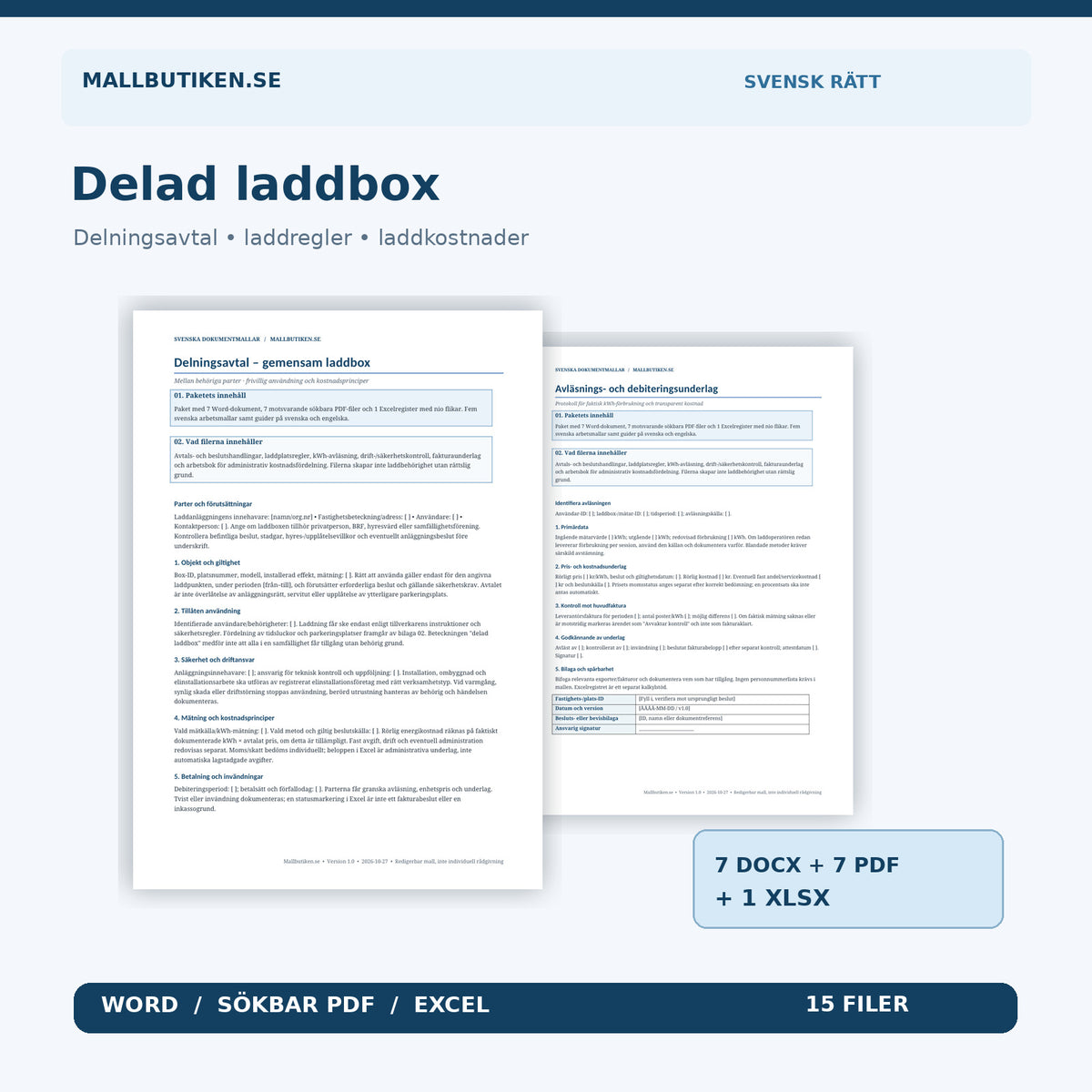 Delad laddbox – fem svenska arbetsmallar, guider, Excel, Word och PDF, 15 filer