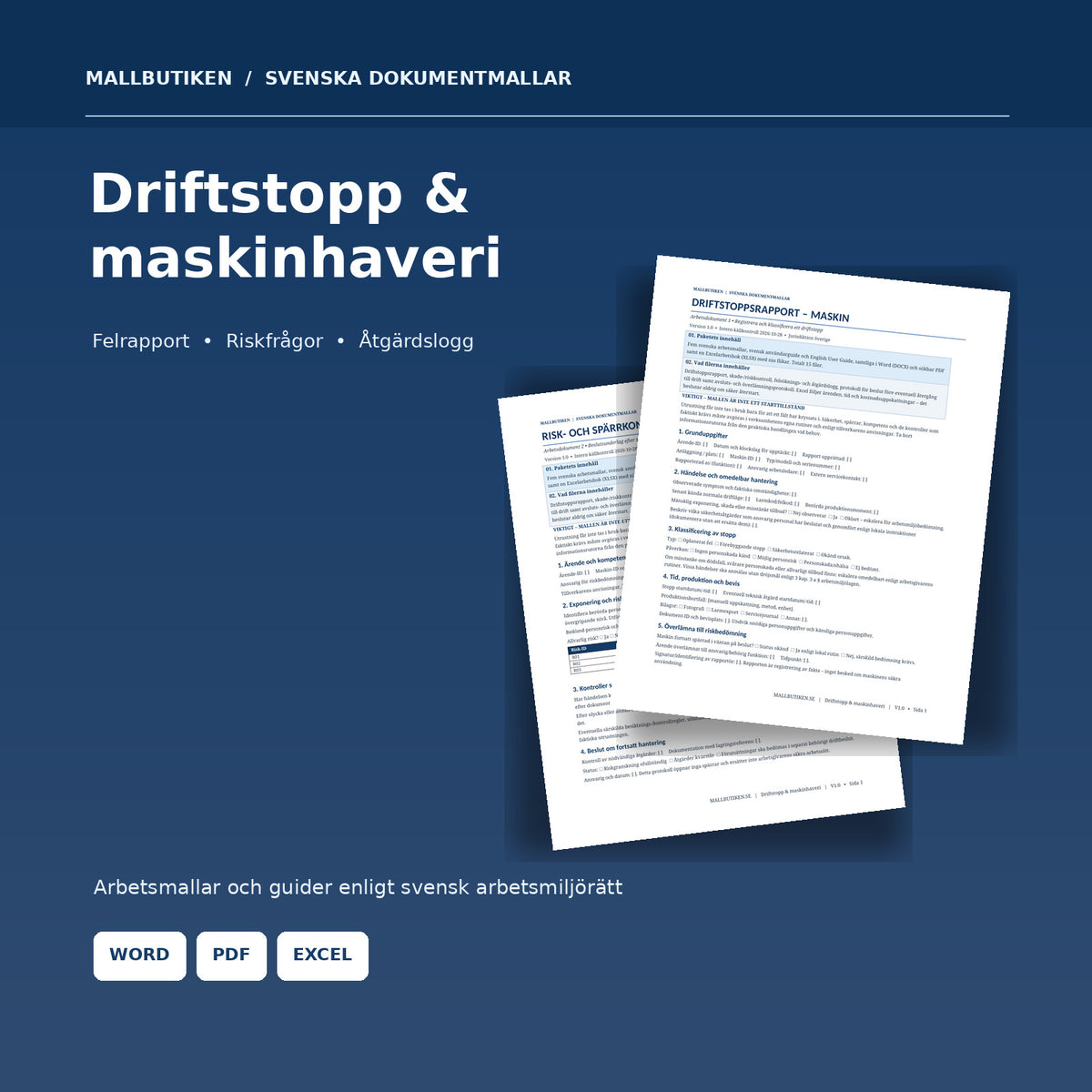 Driftstoppsrapport och maskinhaveri 2026 2027 i Word PDF Excel, med verkliga dokumentförhandsvisningar