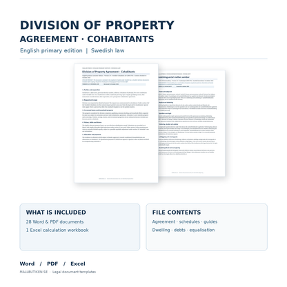 English property division agreement for cohabitants – Swedish law, 29 Word PDF Excel files and guides